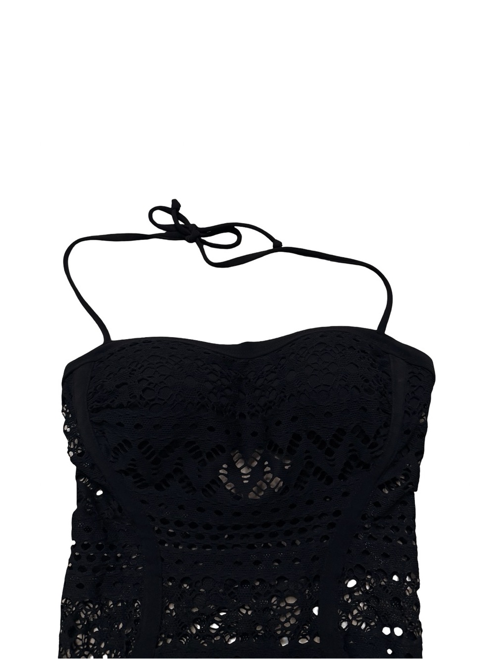 Robin Piccone Chic Black Perla Crochet Lace Halter One Piece Swimsuit Size Small - Picture 4 of 7